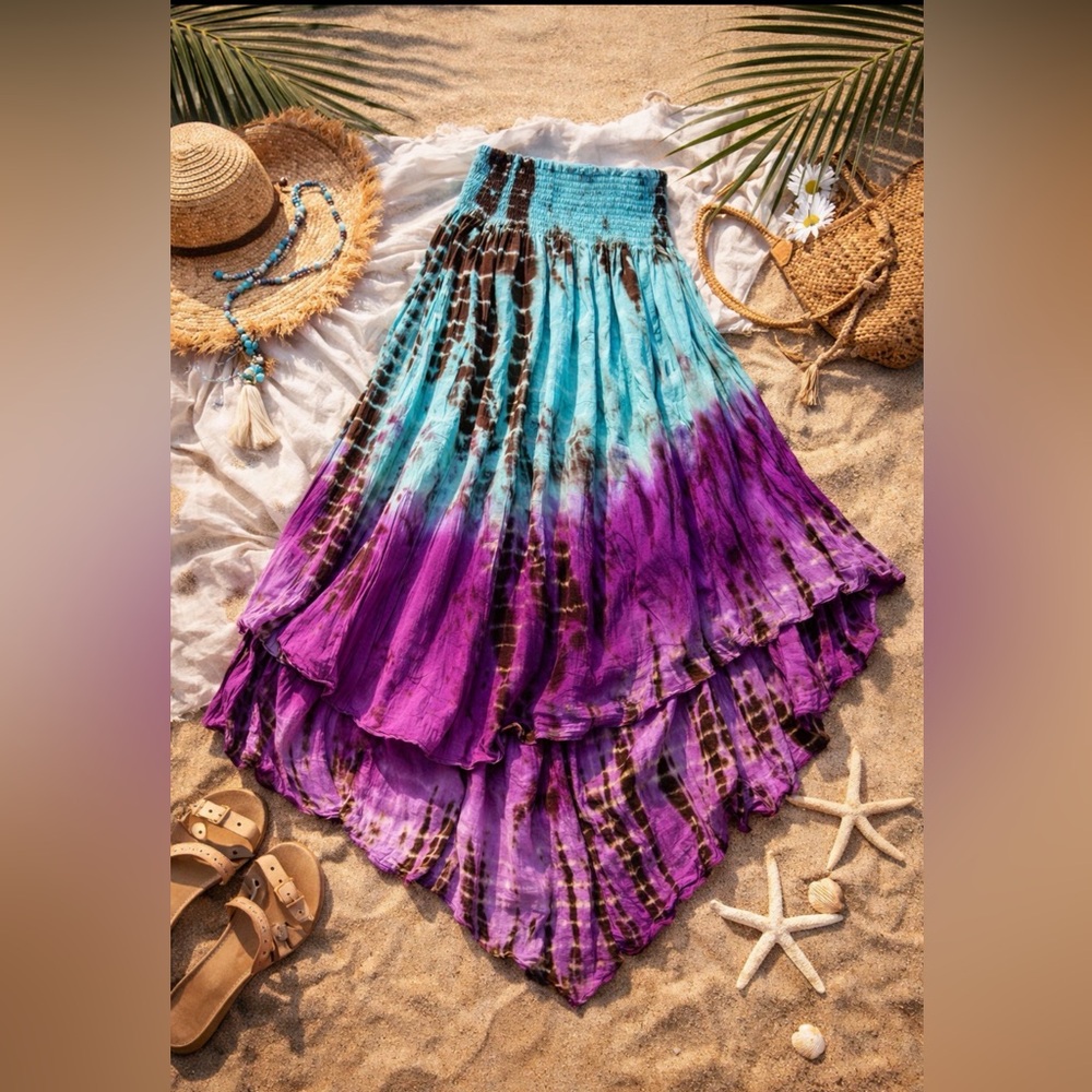 Wevez Rayon Tie Dye Long Skirt in Turquoise~Vibrant Purple~Brown~OS Regular~NWT - Picture 2 of 16
